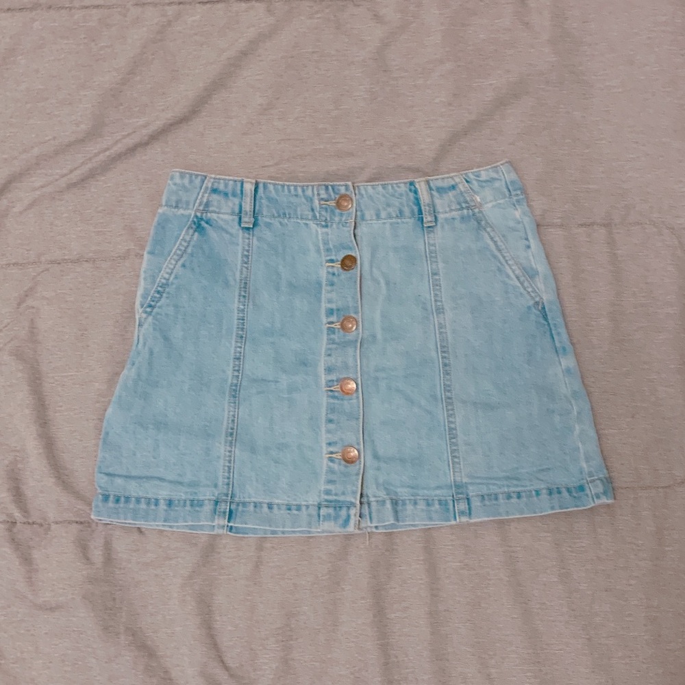 Light blue button up mini jean skirt